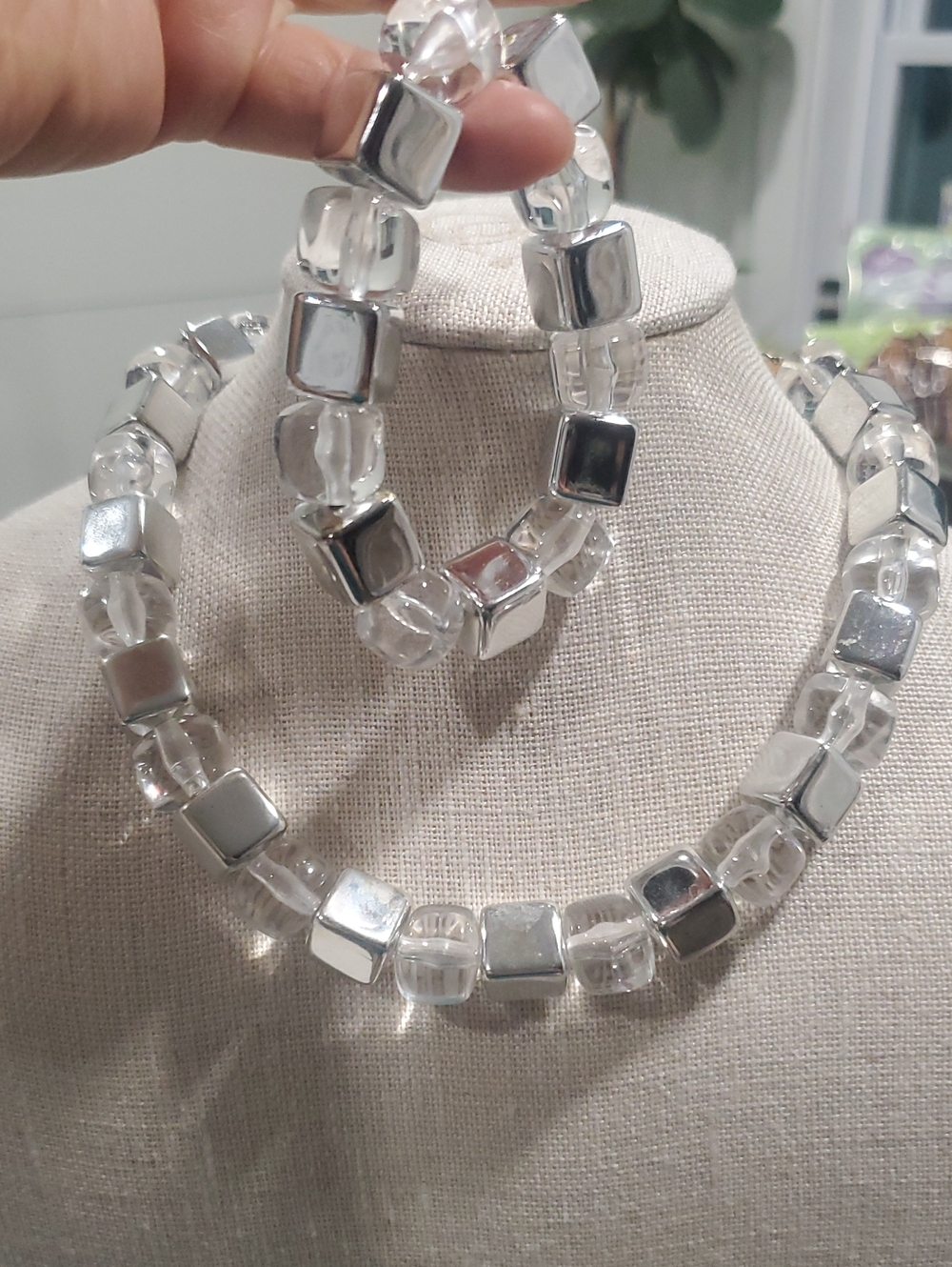 Clear and Silver Cube Bead Necklace And Bracelet - Women Jewelry Vintage